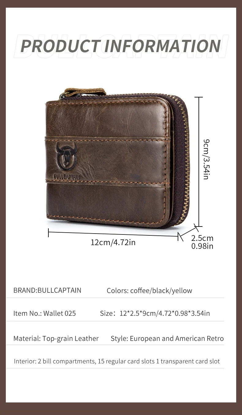 BULLCAPTAIN Herren Echtleder-Geldbörse mit RFID-Schutz, Vintage Rindsleder Reißverschluss-Brieftasche mit Münzfach, Kreditkartenhalter – Detail 7