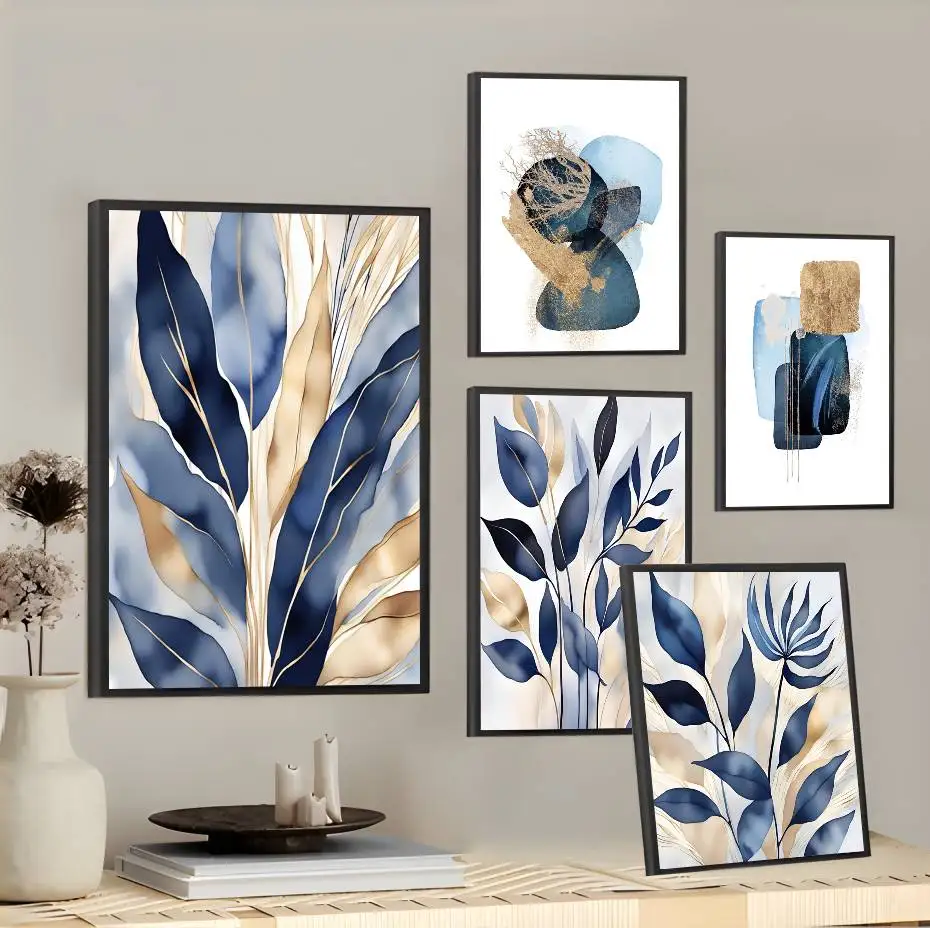 Luxury Blue Leaves Design Poster Sticky Wall Art Painting For Home Decor Bedroom Picture Interior Bar Room Decoration