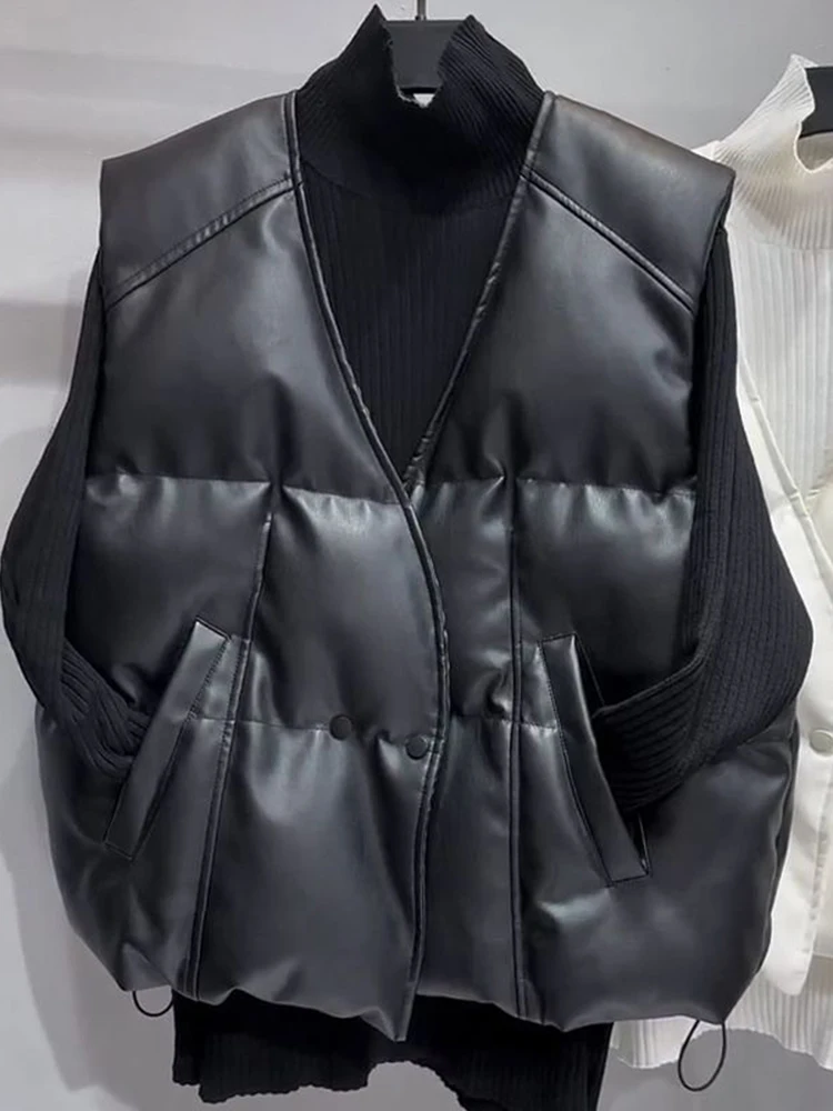 plus Size Autumn Winter Sleeveless PU Leather Vest Fashionable Slimming Short Outerwear for Small Stature Women Straight Cut ...