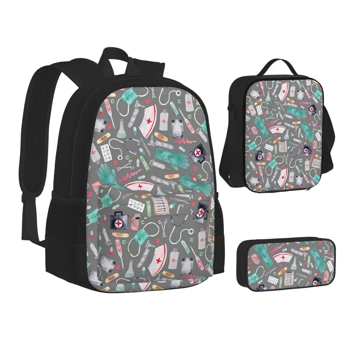 

Medical Pattern Doctor Nurse Watercolor Grey Texture Backpacks Bookbag School Bags Rucksack Lunch Bag Pen Bag Three-Piece Set