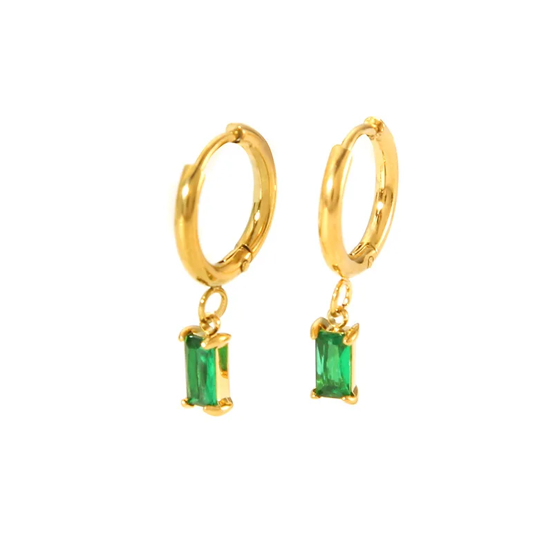 Ins 18K Gold PVD Plated Stainless Steel Square Green Stone Hoop Earring For Women Waterproof  Hypoallergenic Jewelry Gift