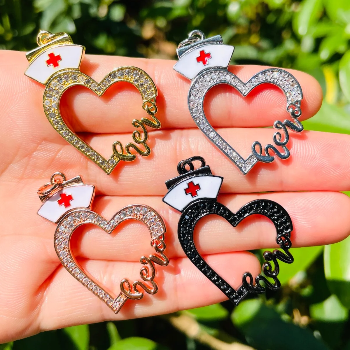 5pcs Zirconia Paved Nurse Hat Heart Hero Words Charm for Women Bracelet Making Letter Pendant Girl Necklace Keychain Jewelry DIY