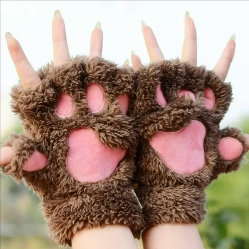 Cute Cartoon Cat Claw Gloves Warm Half Finger Plush Kawaii Bears Cats Paw Glove Adult Kids Kitten Fingerless Work Study Mittens