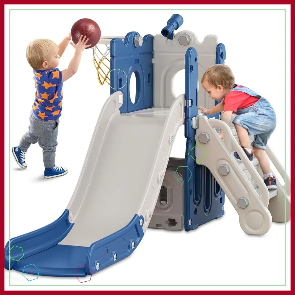 

7-in-1 L-Shaped Toddler Slide with Basketball Hoop, Ring Toss, Storage for Indoor Outdoor Play Ages 1-3