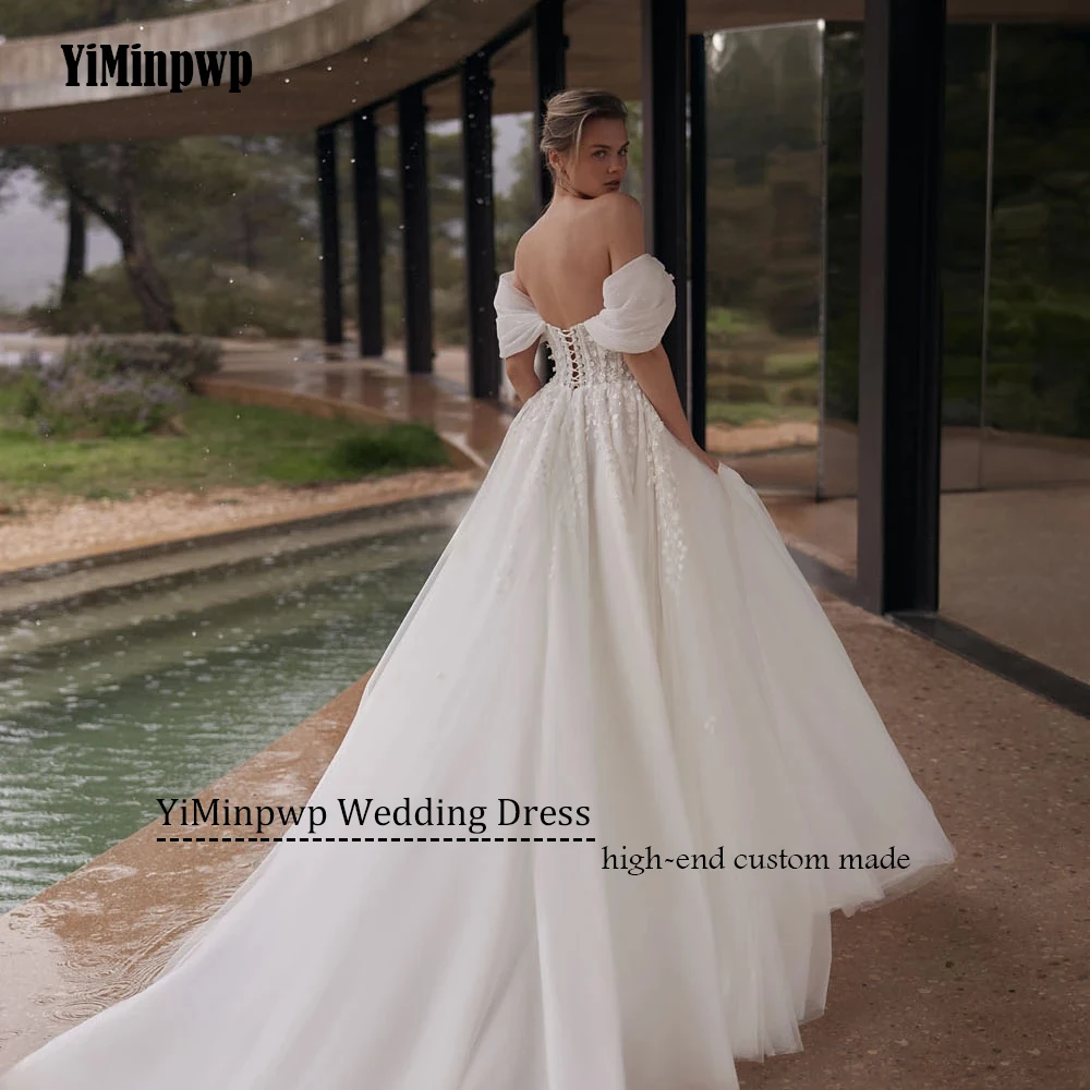 Элегантные свадебные платья без бретелек по индивидуальному заказу для женщин, 2025 г., с открытыми плечами и аппликацией, кружевные, с открытой спиной, тюлевые свадебные платья в стиле бохо