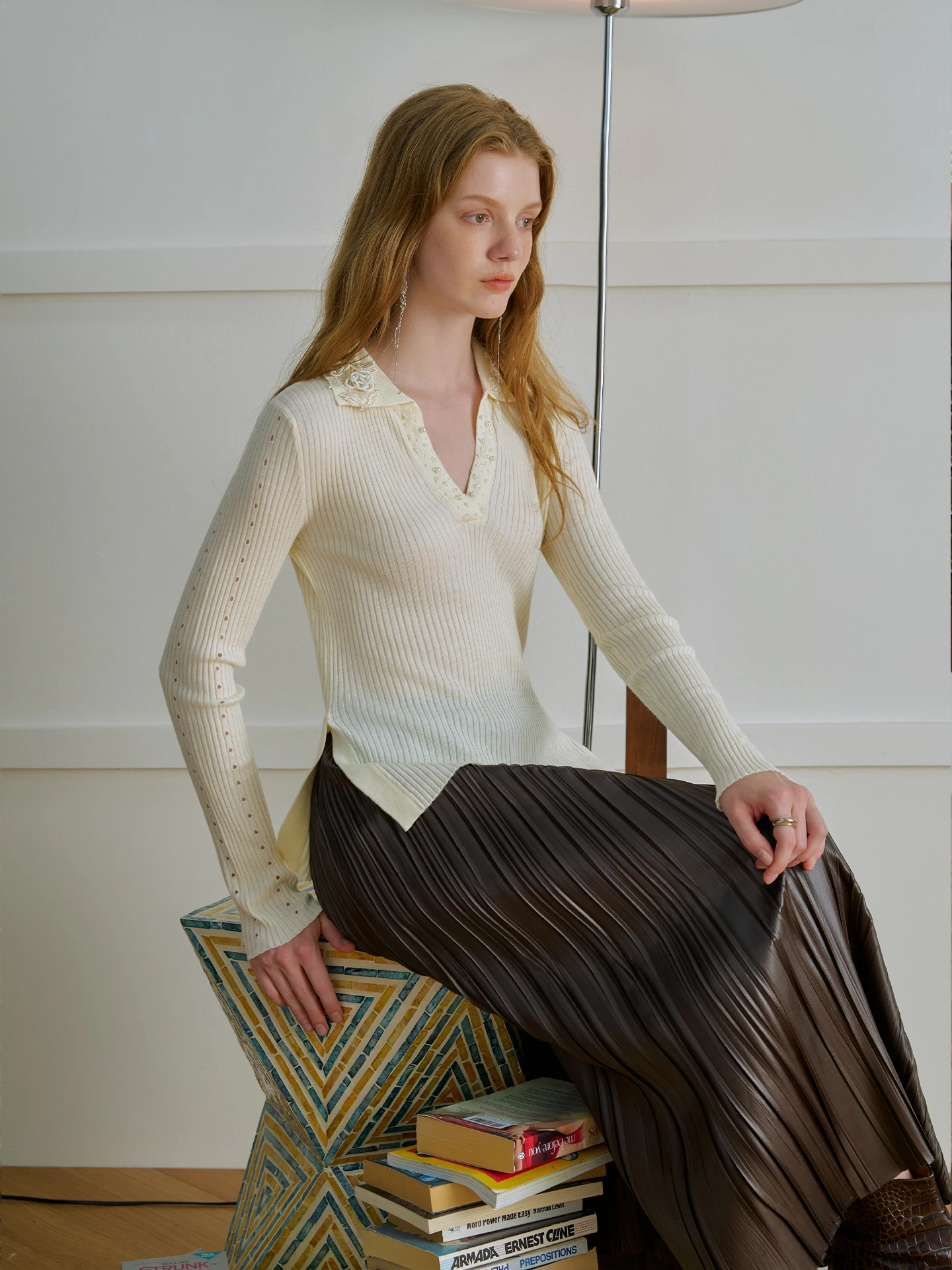 

Романтический вязаный топ ручной работы с 3D-цветами из бисера, ажурный, из шерсти, приталенный, для женщин, с французским цветочным принтом, длинный рукав