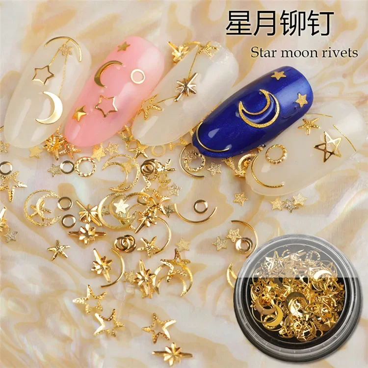 Nail Art Rebites Stud, Multi Decalques Mental, DIY Dicas, Manicure Encantos, Gel UV, 3D Decorações do prego, Perfeito Gold Decor, Lua e Estrelas, 1 Caixa