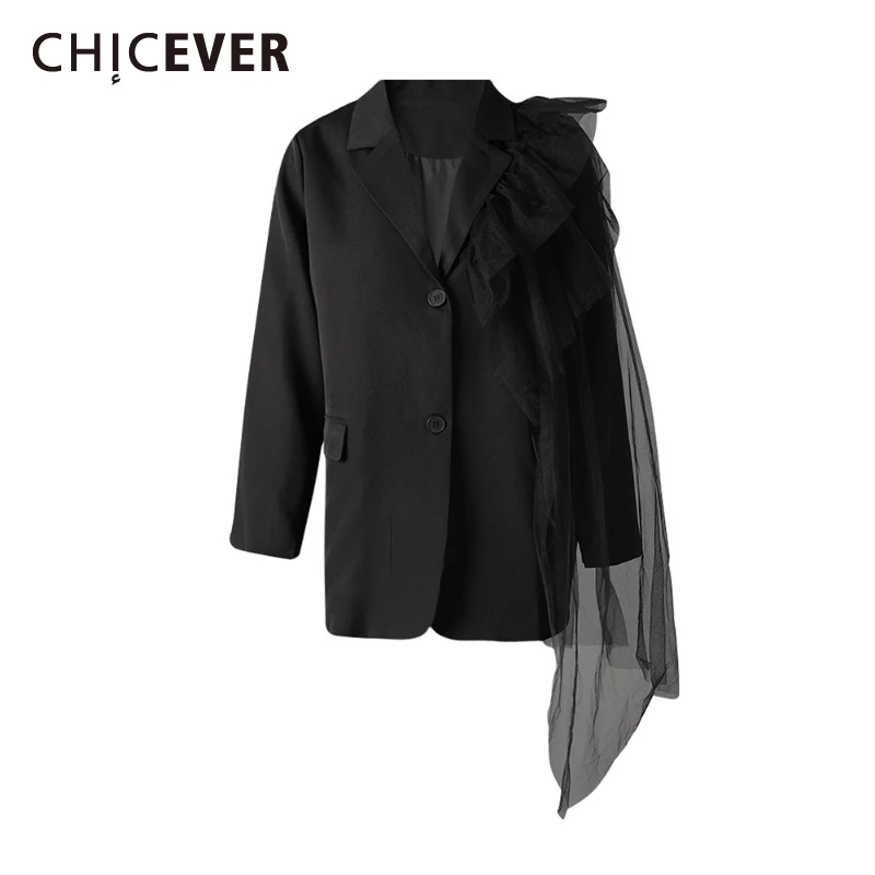

CHICEVER Solid Evening Spliced Mesh Shawl Blazer for Women Notched Collar Long Sleeve Patchwork Button Temperament Coats Female