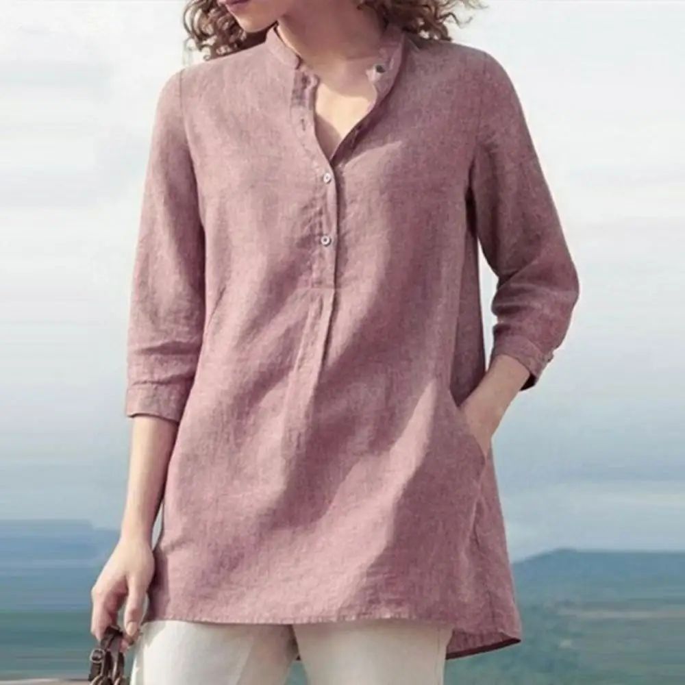 Elegant Cotton Linen Shirts Women Casual Solid Button Lapel Blouses Shirts Autumn Winter 3/4 Sleeve Loose Tops Tunic Blusas