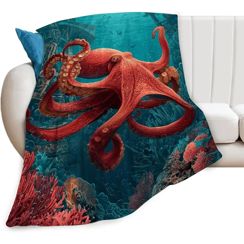 Cozy Blanket with Red Octopus Deep Sea, Soft for Sofa Bed