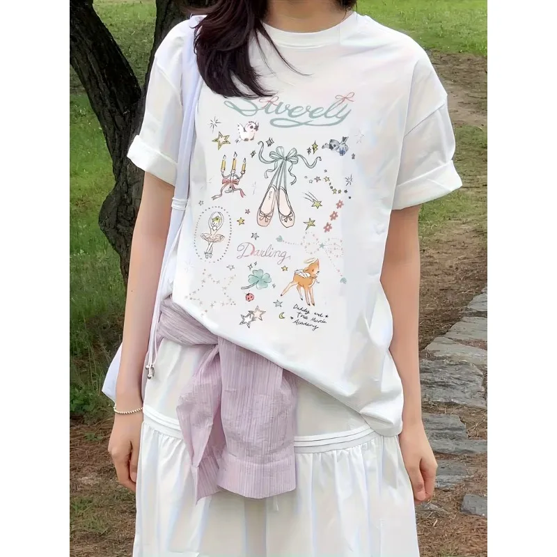 Y2K Ballet Deer Doodle Graphic T-Shirt Women’s Casual Crew Neck Short Sleeve Sweet Girly Print Top for Summer Daily Wear