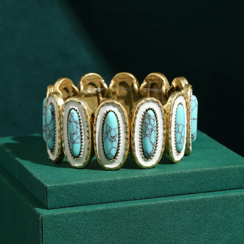 

Large Enamel Retro Charm Wide Turquoise Bracelets Natural Stone Inlaid Designer Vintage Jewelry Luxury Music Festival 2026 New