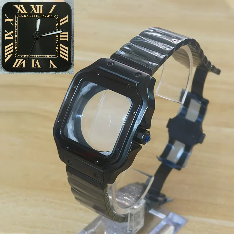 NH35 Case 38mm Square Santos Steel Case With 27mm Dial Mineral Coated Glass Fits NH35 NH36 4R 7S26 Movement Replace Watch Case
