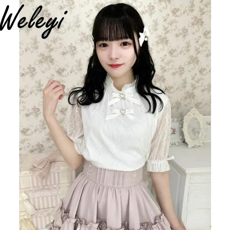 

Kawaii Blouse Japanese Fashion Top Bow Lace Splicing Mine Series Mass Production Versatile Summer Short Sleeved Koszule I Bluzki