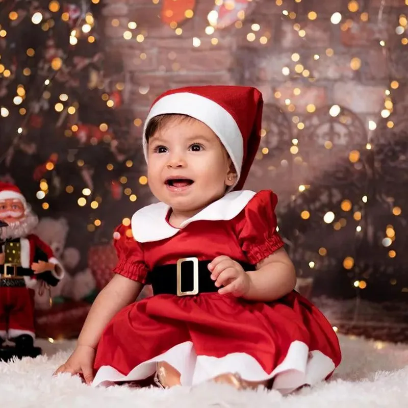 6 Months to 4 Years Christmas Toddler Girls A-line Dress Red Short Sleeve Doll Collar Dress with Belt & Hat