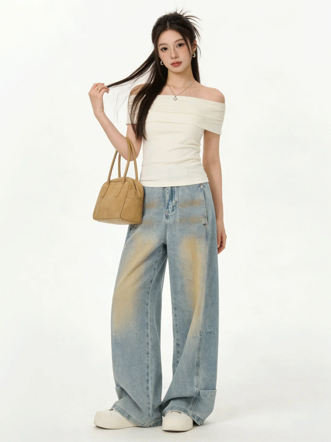 

Retro Blue Denim Jeans Low Waist Wide Leg Soft Floor-Length Multi-Functional Korean Sle Ladies' Casual Spring Jeans