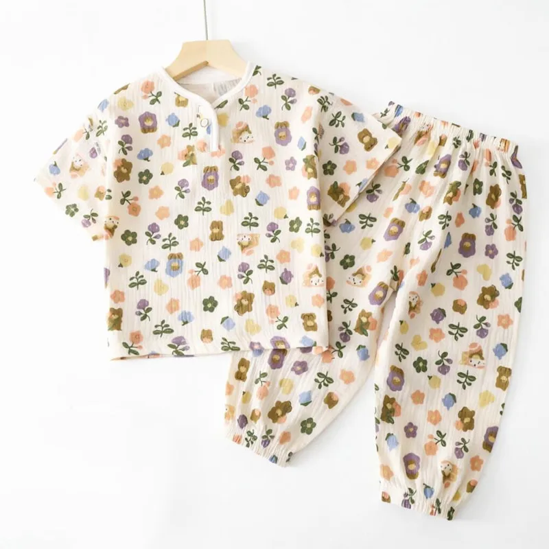 Boys girls Summer Set Baby Short Sleeve Outfit Clothes Soft Muslin Cotton Shirt Linen Suit Tops +Pants 2 PC 2-7 Years