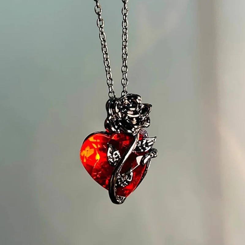 Gothic Red Rose Love Necklace Women's Y2K Grunge Jewelry Dainty Silver Color Tonebloody Human Heart Pendant Personalized Gifts