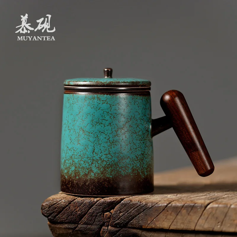 Mutaoy Japanese-Style Kiln-Turned Office Handmade Ceramic Mug, Creative Wooden Handle Water Cup, Home-Use Filter Cup With Lid