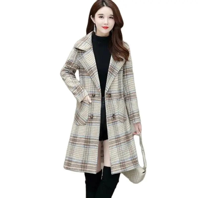 

Mid-Length All-Match Woolen Coat Ladies Slim Fashion Outerwear 2022 Winter Windbreakers Latest Plaid Temperament Jacket Women's