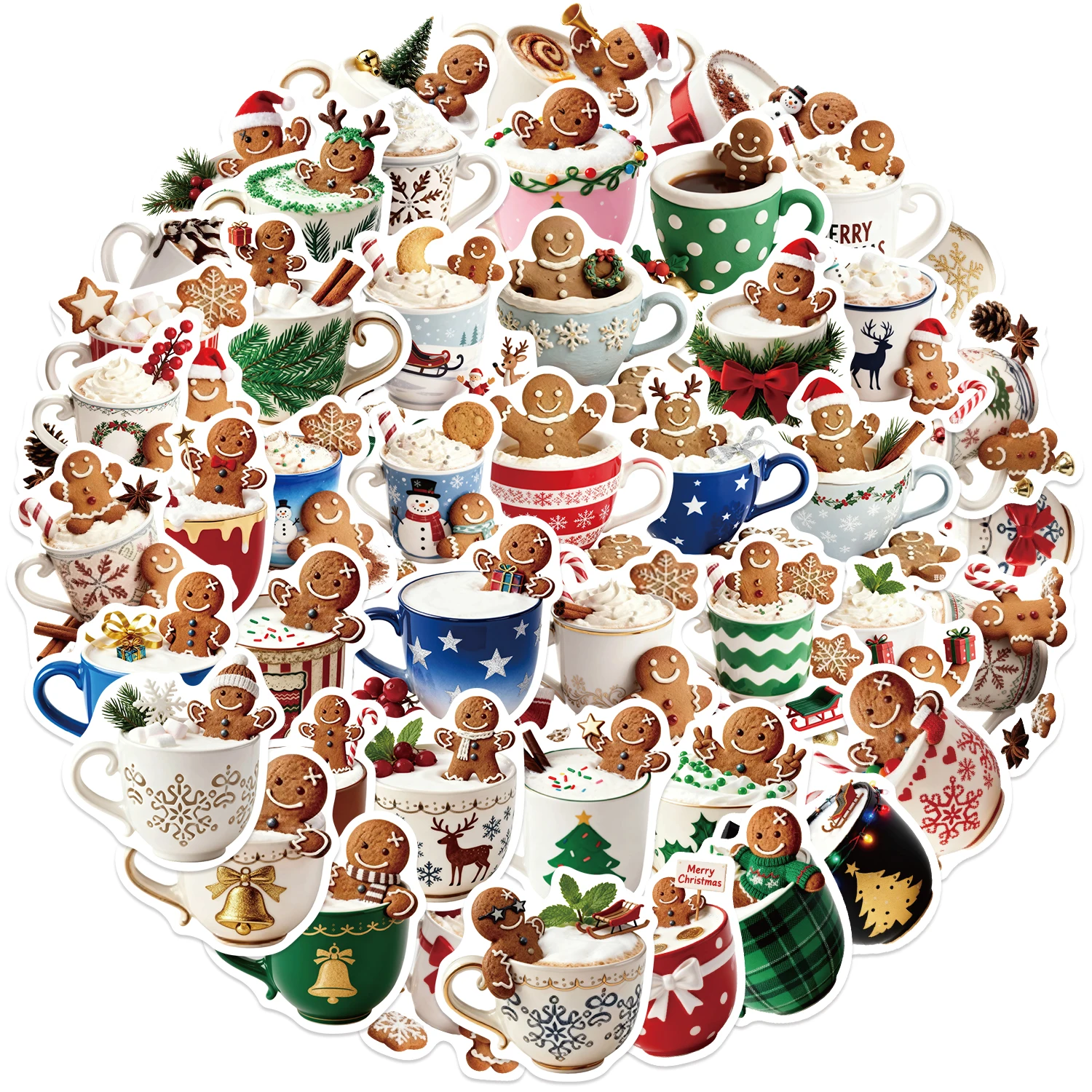 50pcs Christmas Coffee Cup Gingerbread Man Graffiti Stickers Decorative Phone Case, Cup, Guitars, Creative Waterproof Gift Decal