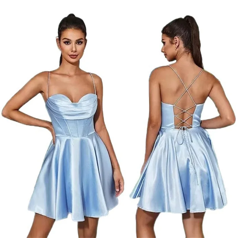 

Короткие атласные плиссированные платья на тонких бретелях для вечерних мероприятий, свадеб, выпускных, дней рождения, длиной до колена, на шнуровке