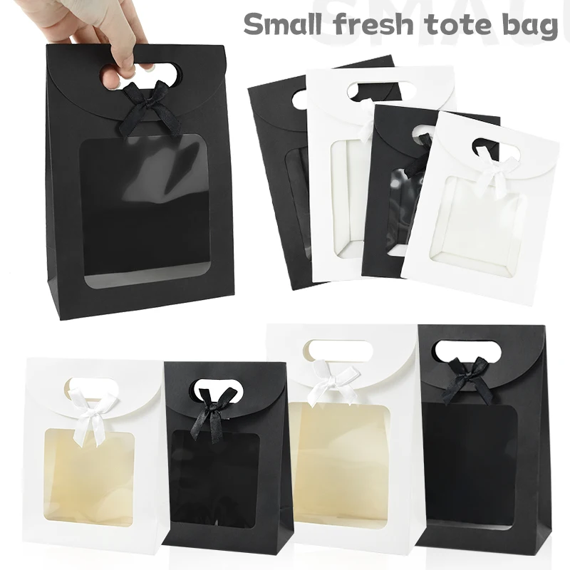 5Pcs Black White Gift Bags With Window Kraft Paper Biscuits Candy Bag Packing Box For Wedding Birthday Wedding Gift For Guests