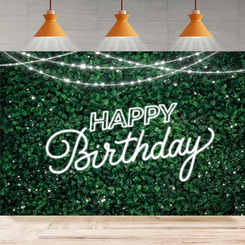 Green Leaves Happy Birthday Photography Backdrop Jungle Safari  Nature Green Lawn Leaves Background Party Backdrop Wall Banner