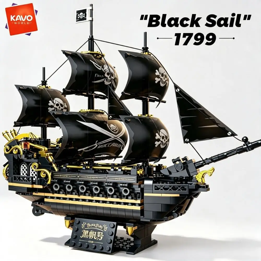 KAVOWORLD 801 piezas, Barco Pirata de Vela Negra, Modelo de Ladrillos de Construcción, Buque Bucanero de 3 Mástiles, Kit de Bloques de Construcción de Barco Corsario con Soporte de Exhibición, Bloques de Construcción Coleccionables, Juguete de Ensamblaje DIY para Decoración de Escritorio, Regalo de Navidad y Halloween para Adultos, Adolescentes y Niños mayores de 14 años