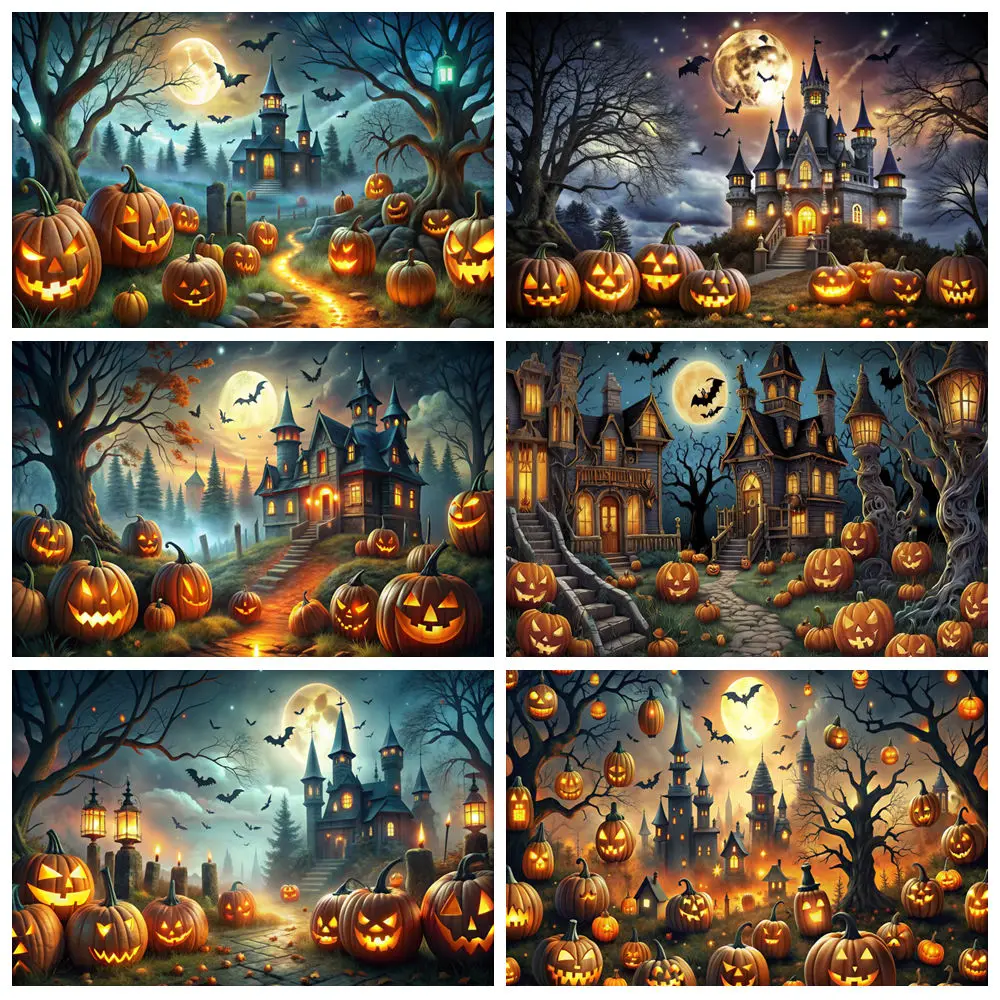 

Scary Forest Castle Halloween Photography Backdrop Horror Moon Night Pumpkin Bat Halloween Party Decor Baby Portrait Background