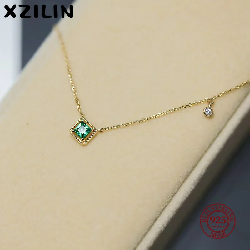 

925 Sterling Silver French Small Square Diamond Pendant 14k Gold Plating Necklace Women Fashion Shiny Clavicle Chain Jewelry