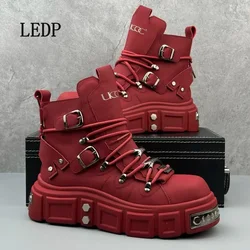 LEDP brand high top shoes men 2024 autumn new mid-tube handsome fried street short punk style thick soled motorcycle boots