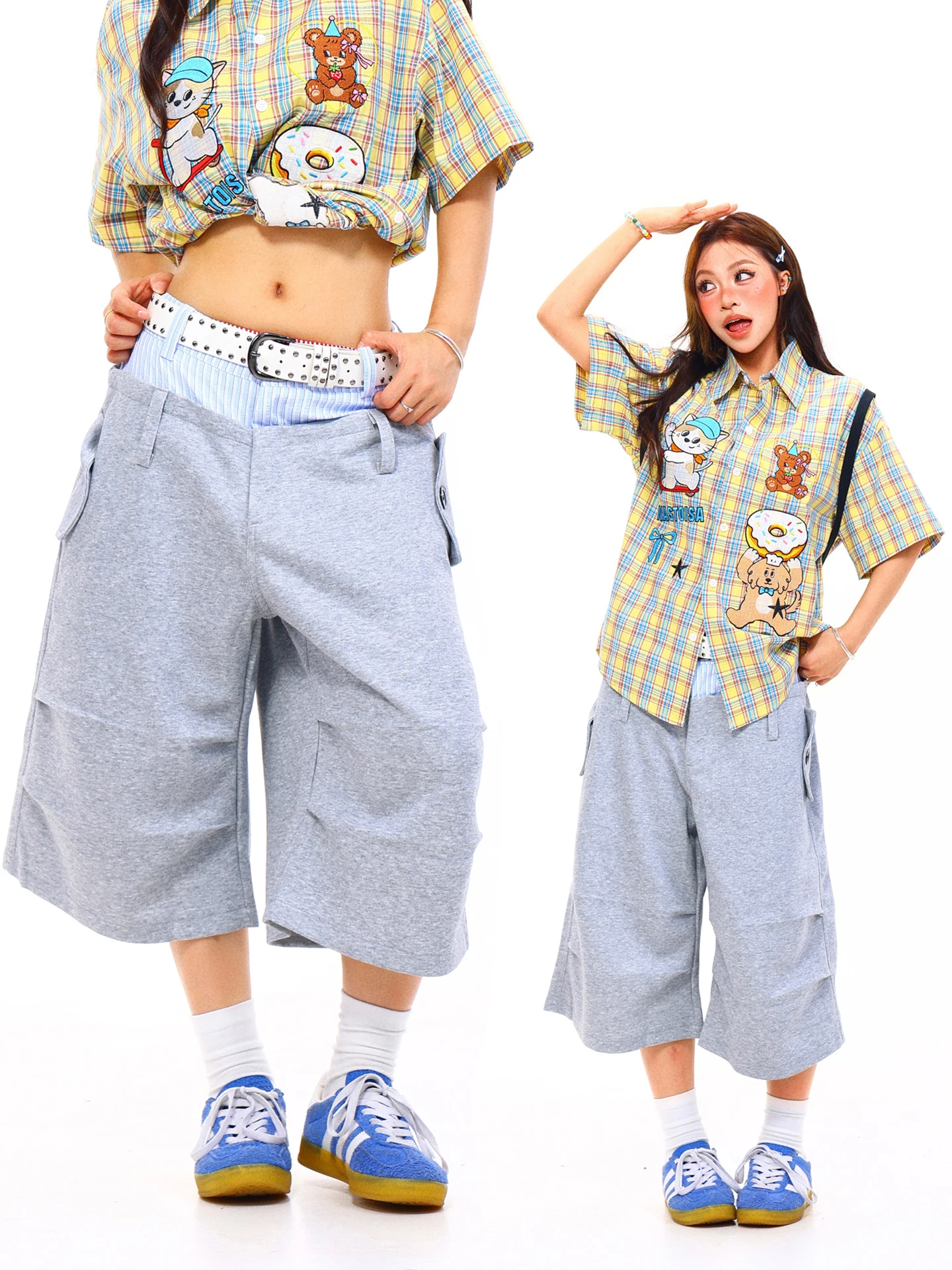 

Light Blue American Style Loose Casual Pants Women's Summer Streetwear Seven-Footers Double-Waist Straight-Cut Polyester