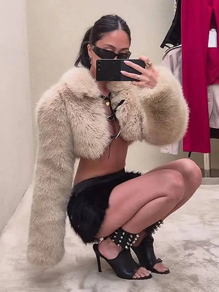Weird Puss Sexy Furry Crop Jacket Woman Elegant Warm Winter Belt Buckle Full Sleeve Banquet Party Club Wild Hipster Streetwear