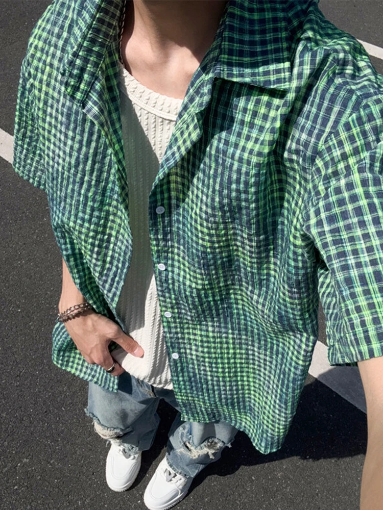 

Легкая рубашка-пуловер для мужчин, летняя, с коротким рукавом, в клетку, винтажный американский стиль, для защиты от солнца, дышащая верхняя одежда