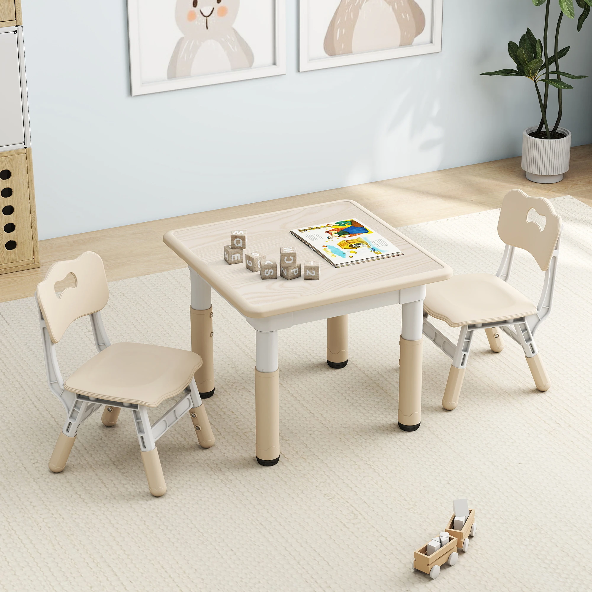 Kids Table and 2 Chairs Set, Height-Adjustable Toddler Table and Chairs Set with Doodle-Friendly Desktop, 23.6''L X 23.6''W Children Activity Table for Daycare, Classroom, Home
