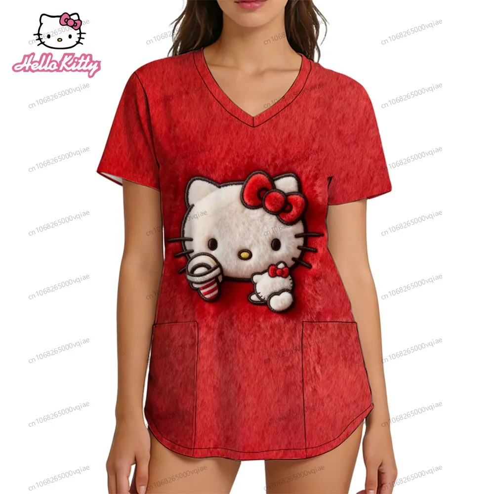 

Women's T-shirt Nurse Uniform V Neck T Shirt Y2k Clothes Hello Kitty Pocket Cute Tops Harajuku Fashion S-2XL T-shirts Top Woman