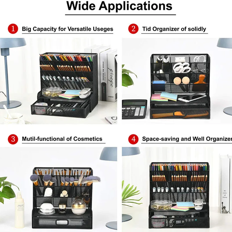 Scrivania multifunzionale in rete con portapenne portaoggetti per cassetti, per la scuola Home Office Art Supplies Storage Rack argento