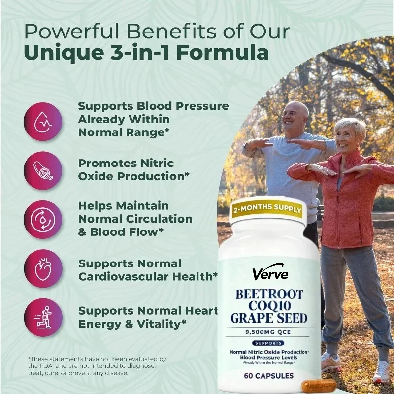 Beetroot Supplement Containing Beets, Coenzyme Q10, and Grape Seeds -60 Capsules