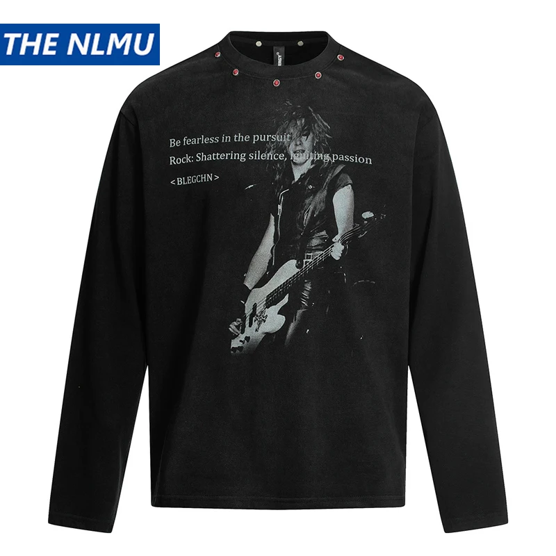 2025 Autumn Streetwear Punk Rock Graphic T-Shirt Long Sleeve Loose Fit Tees Tops Unisex Y2K Clothing Black