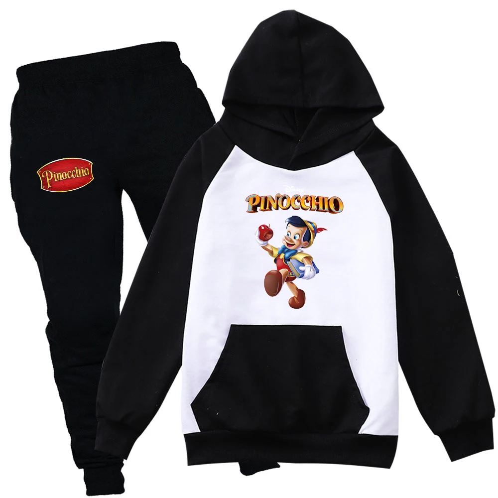 Disney Pinocchio Boys Girls Casual Thin Hoodies Black Pants Kids Sportswear Suits Children Outerwear Clothing Sets