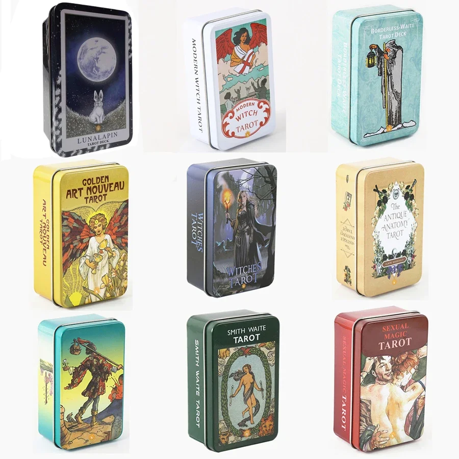 

high quality tarot cards in Metal Tin Box 10cm*6cm board games gold green-plated Edge 78 cards with paper manual