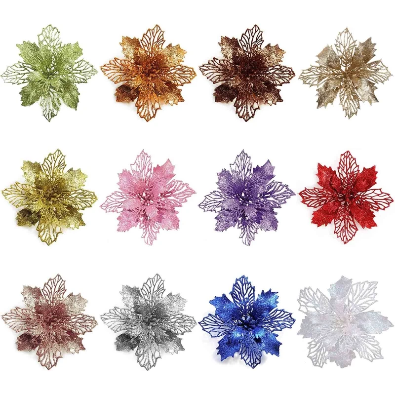 Glitter Artifical Poinsettia Flower Christmas Tree Decorations for Xmas Wreath