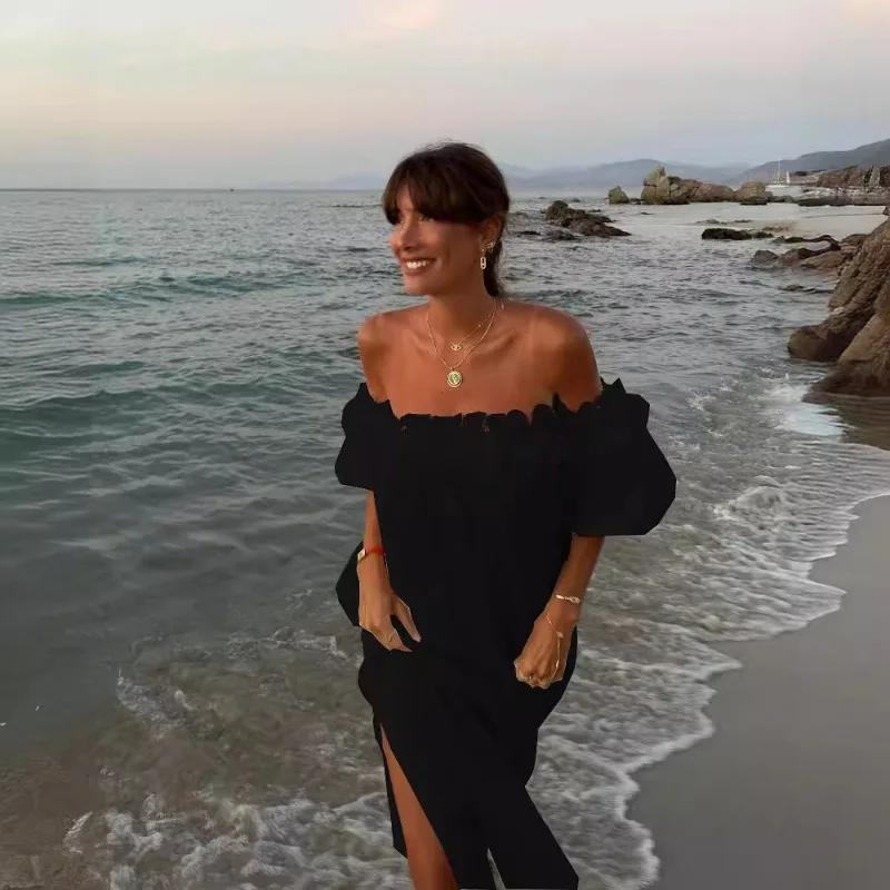

Dress Women's Summer Solid Color Cotton-Linen Blend Sexy Off-the-Shoulder Neckline Slit New Comfortable Minimalist Fashionable