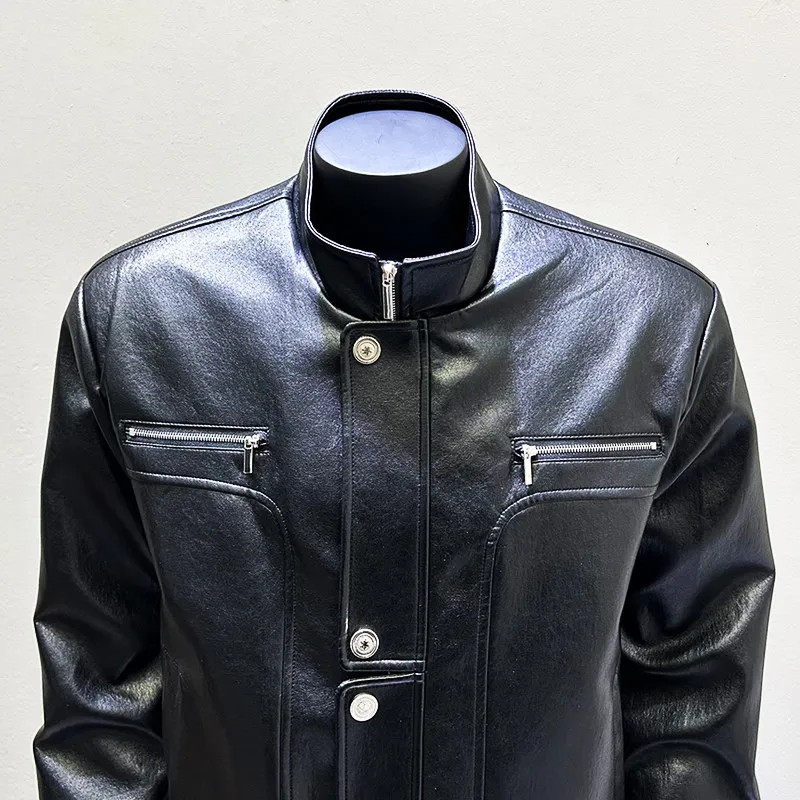 Men's Heavy Waxed PU Stand Collar Biker Jacket, Vintage Motorcycle Outerwear for Performance Nights and Creative Suit Styling