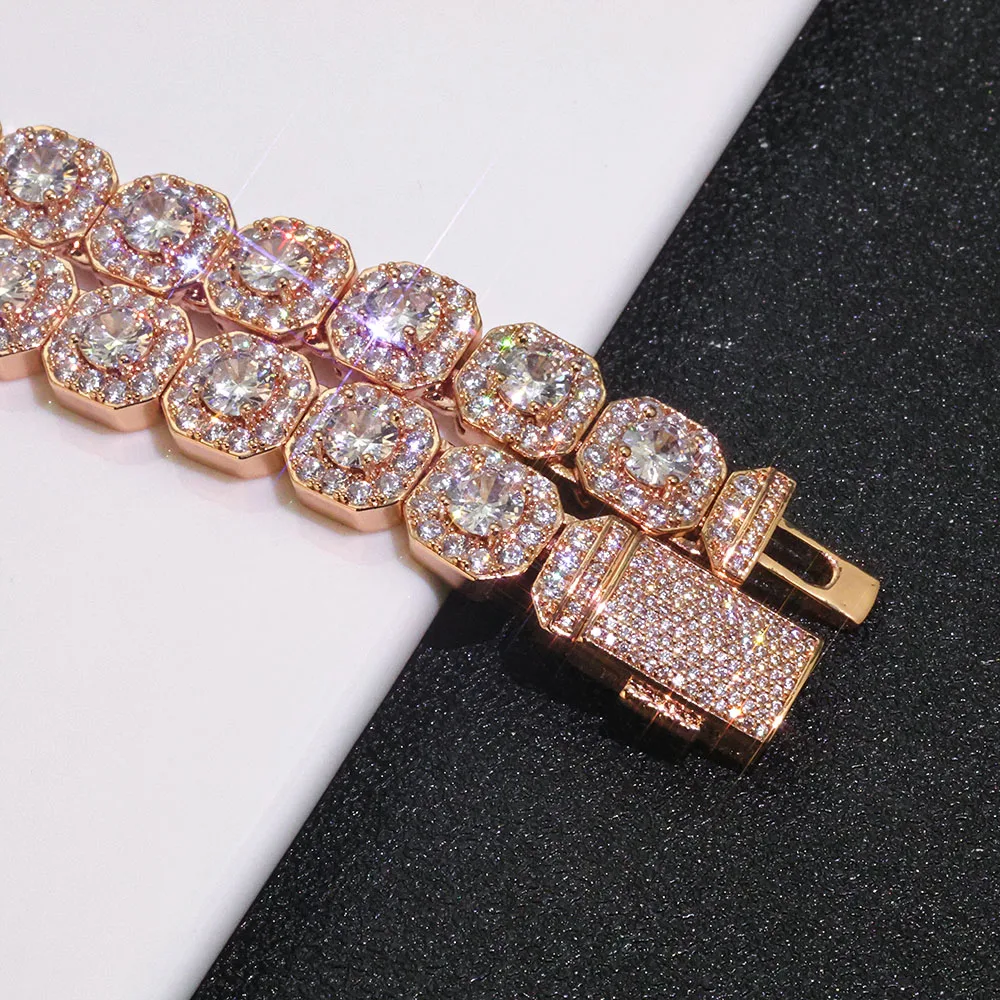 Collar de cadena de tenis de racimo cuadrado de oro rosa, joyería de roca de moda de cobre de circonia de Hip-Hop, estilo Unisex