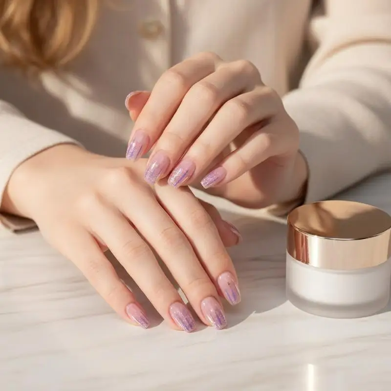 24PCS Glitter Crush Press On Nails Short Square Shape Mirror Powder Accents Dazzling Fragmented Design Wearable Fake Nails Full
