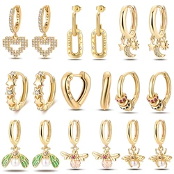 100% 925 Sterling Zilveren Ster Maan Bij Hanger Gouden Oorbellen Voor Vrouwen Mousserende Zirkoon Luxe Bruiloft Verloving Sieraden Cadeau