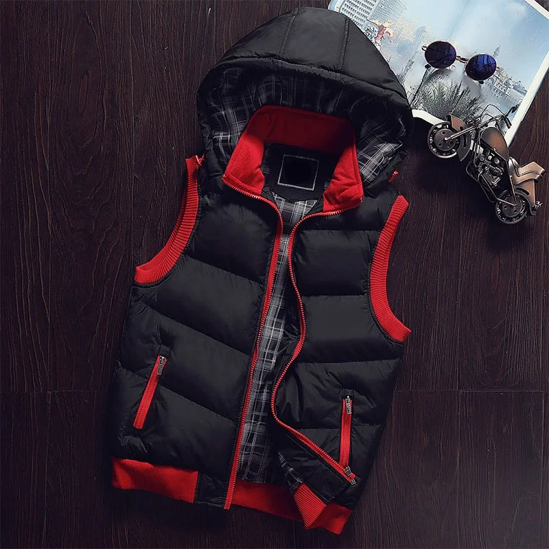 Men's Puffer Sleeveless Winter Coats Contrast Color Hooded Down Cotton Vest Jackets Thick Warm Windbreaker Waistcoat Clothing