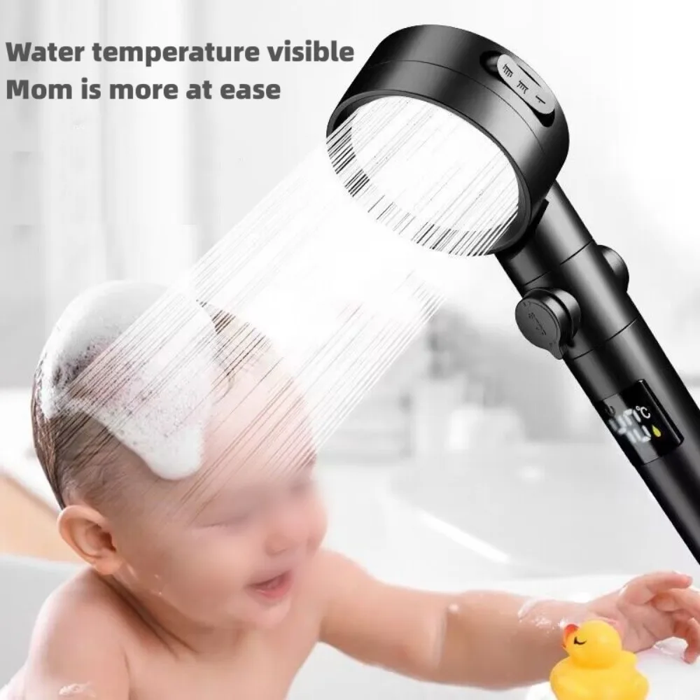 New High Pressure Handheld LED Shower Head Temperature Display 4 Mode Adjustable Water-saving Nozzle Bathroom Rain Shower Head